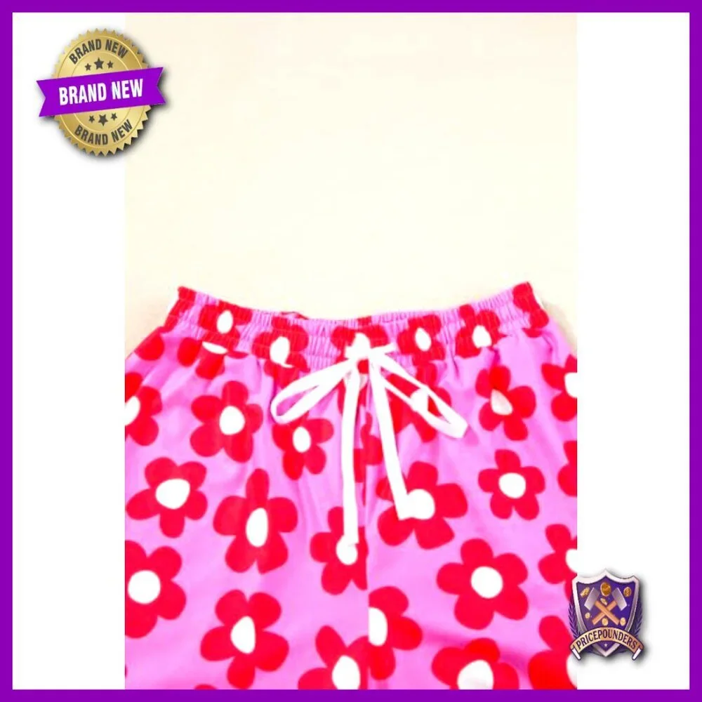 Women's Floral Pajama Set with Notch Collar Drawstring Shorts Size XL